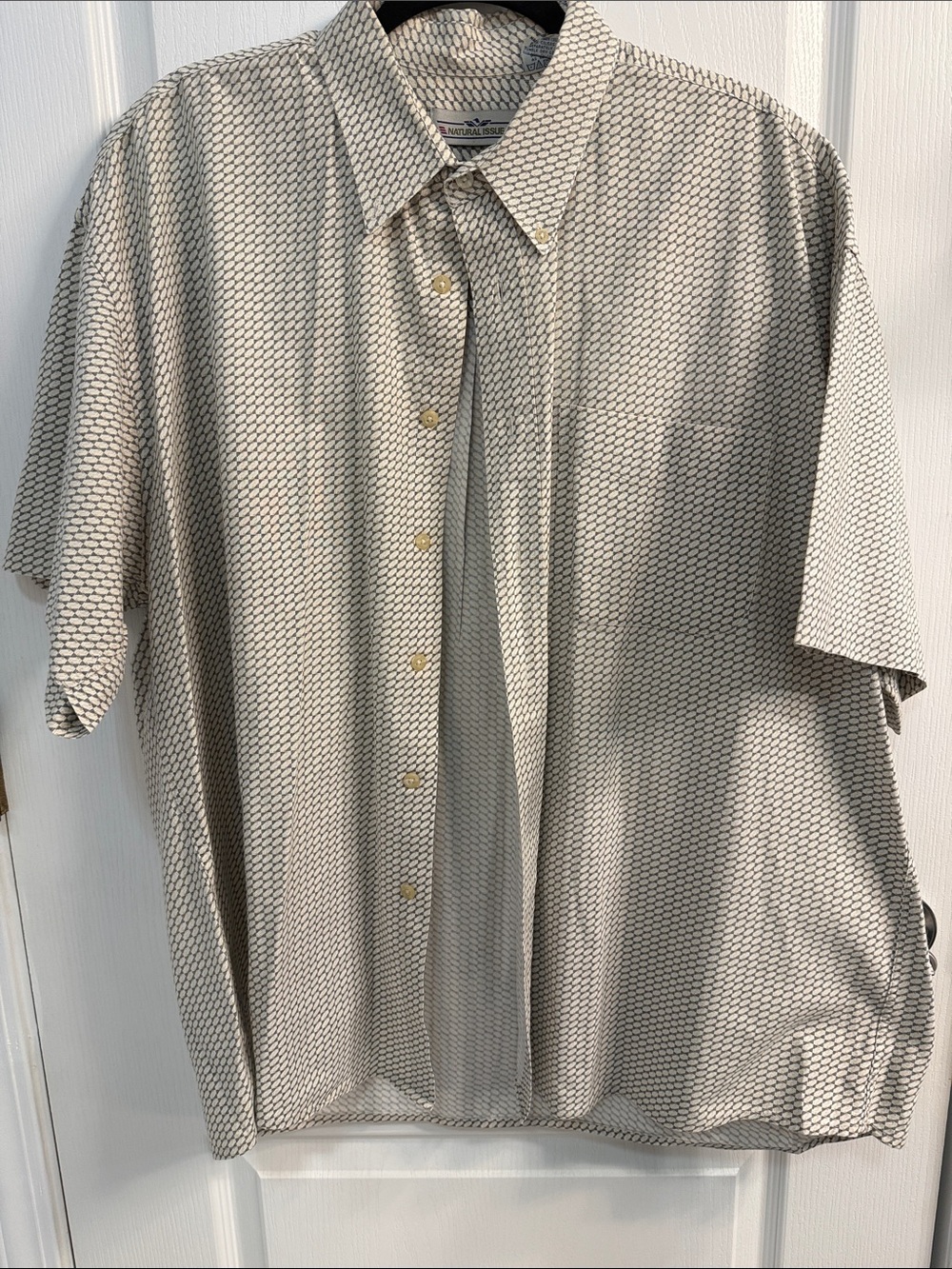 Short-Sleeve Button-Down Shirt in Beige with Geometric Shapes